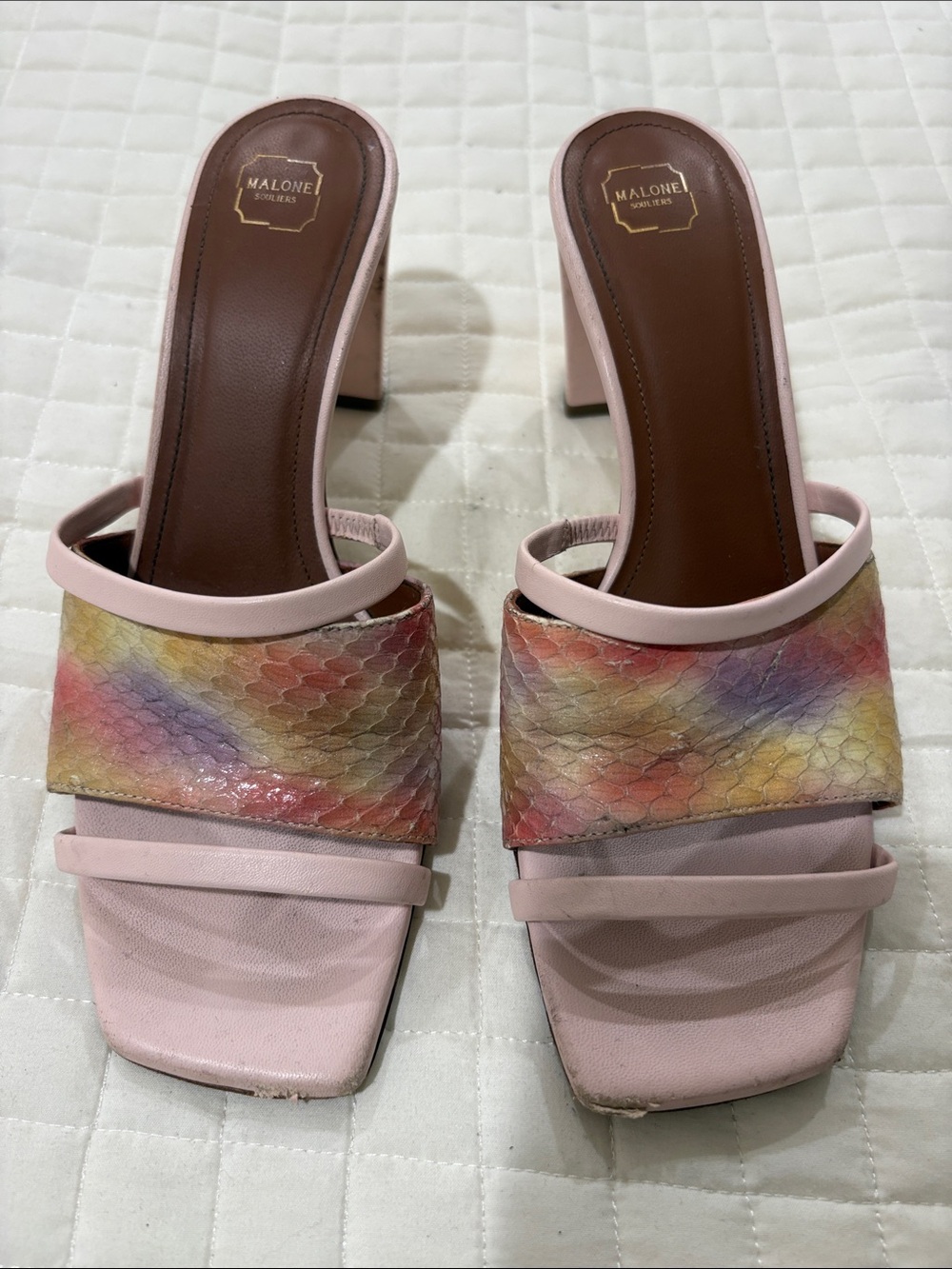 Malone Souliers Pastel Pink Slide Heels with Multicolor Snake-Effect Upper